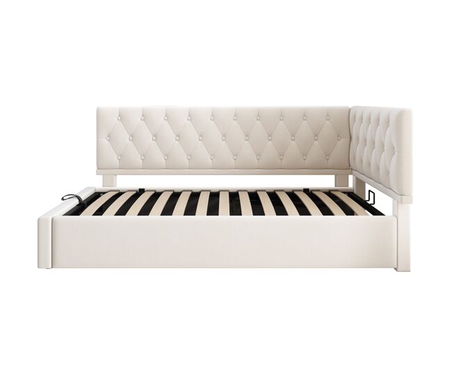 Cama individual 90x200 cm - sofá-cama com armazenamento hidráulico, com estrado de ripas de madeira, veludo, bege
