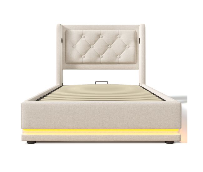 Cama contentora estofada de 90 x 200 cm em tecido de algodão - com função de carga e led ao pé da cama - bege
