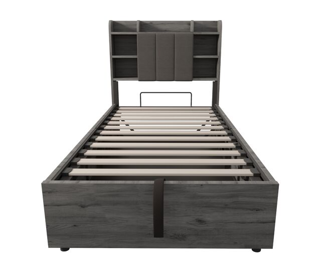 Cama individual 90x200 - cama hidráulica com cabeceira com arrumação, portas usb e type-c, cama juvenil - cinza