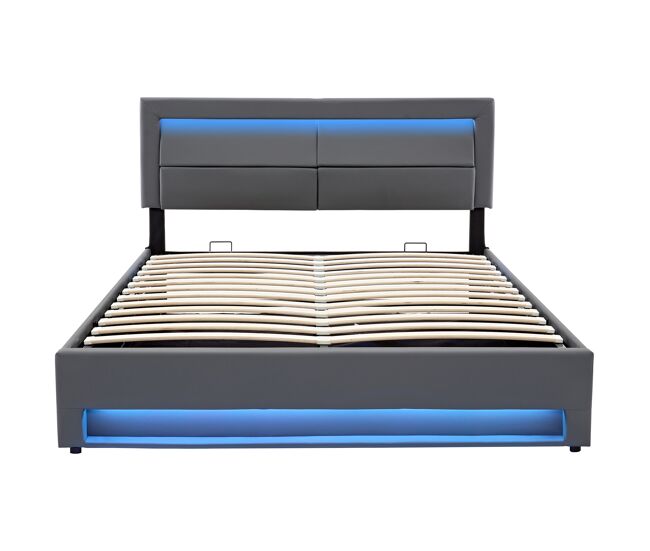 Cama estofada 140x190 - com porta usb, carregamento sem fios e com fios, iluminação led e armazenamento - cinza