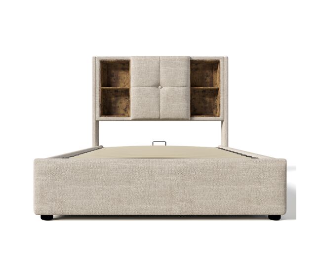 Cama individual 90x200cm - carregamento sem fios usb-c, com arrumação, base em madeira, linho natural (com colchão)