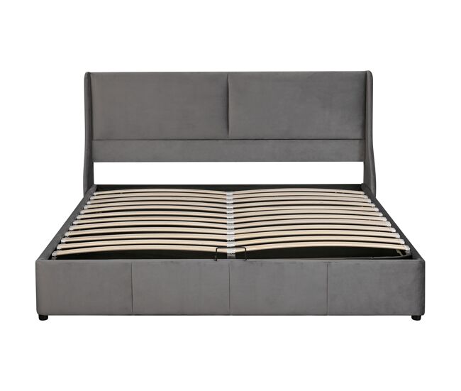 Cama para arrumação estofada 160x200cm em veludo - cama para arrumação com estrado de ripas - gris