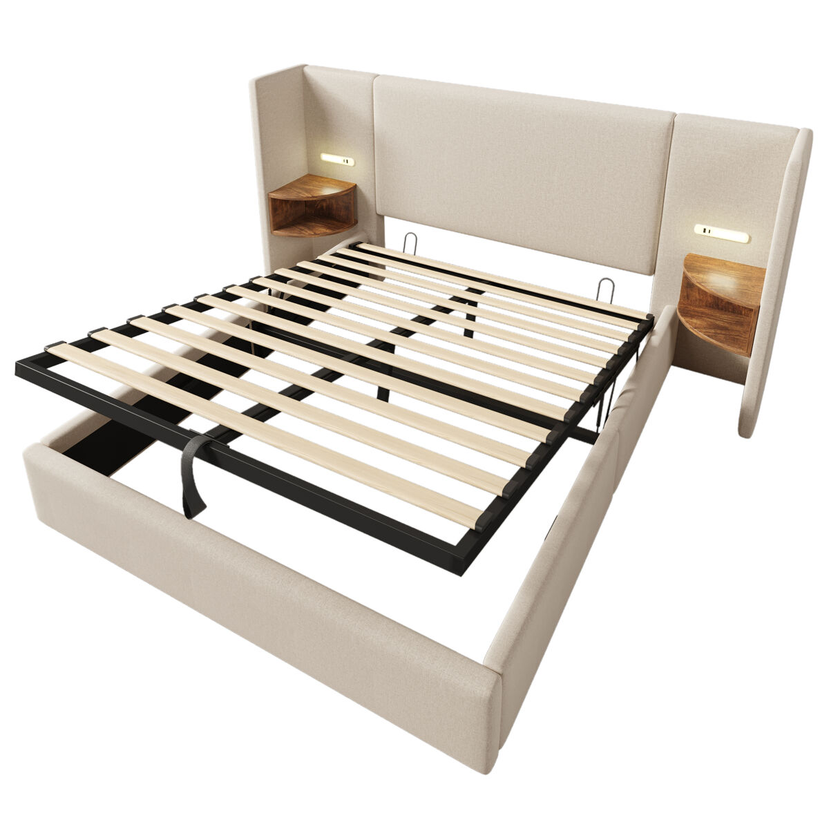 Cama estofada 160×200 - com mesinha, candeeiro de leitura e usb type-c, arrumação, estrutura em madeira e metal - bege