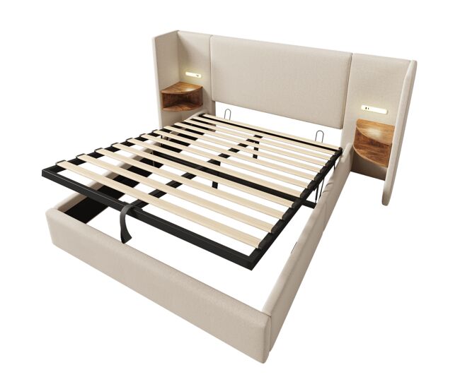Cama estofada 160×200 - com mesinha, candeeiro de leitura e usb type-c, arrumação, estrutura em madeira e metal - bege