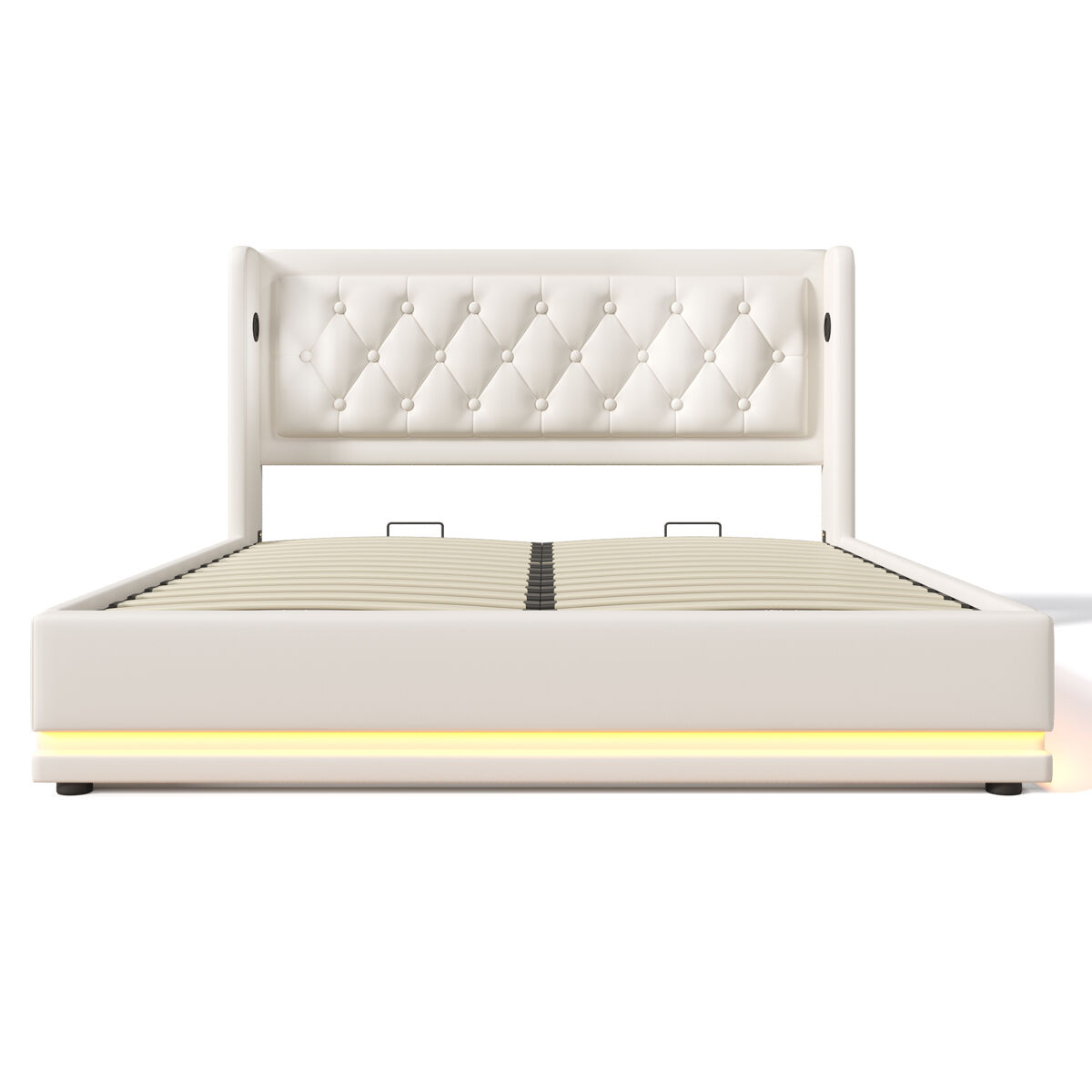 Cama estofada 160x200 - cama juvenil com função de carregamento usb c, cabeceira e estrutura em linho - bege