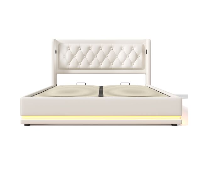 Cama estofada 160x200 - cama juvenil com função de carregamento usb c, cabeceira e estrutura em linho - bege