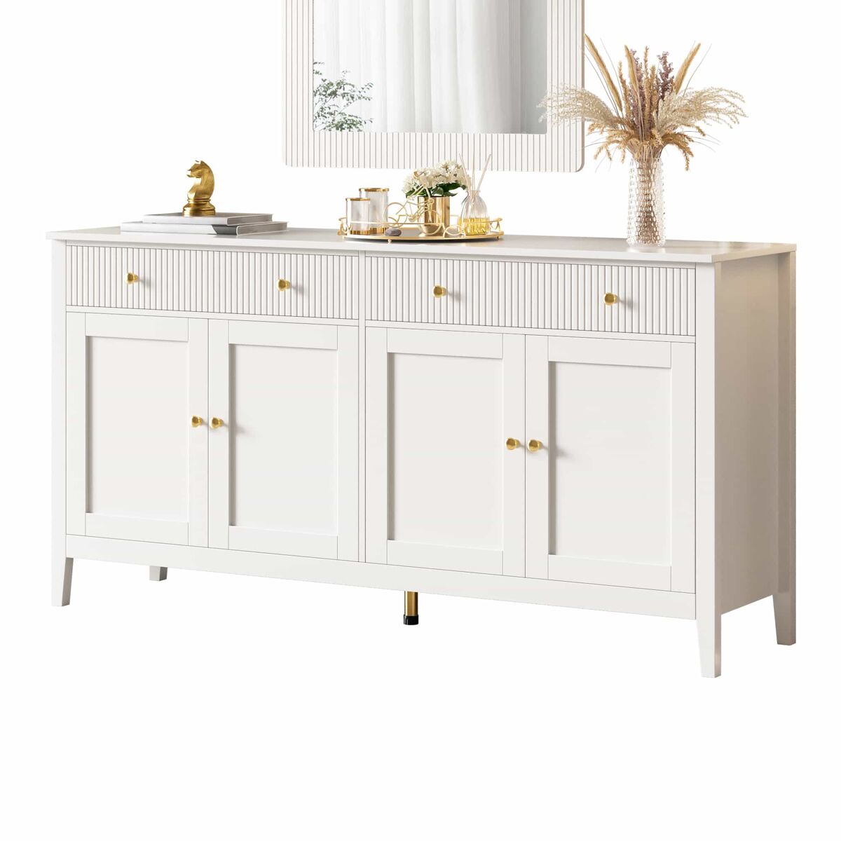 Aparador de sala de jantar - 2 gavetas e 4 portas, estilo elegante, puxadores dourados, grande capacidade de arrumação - branco