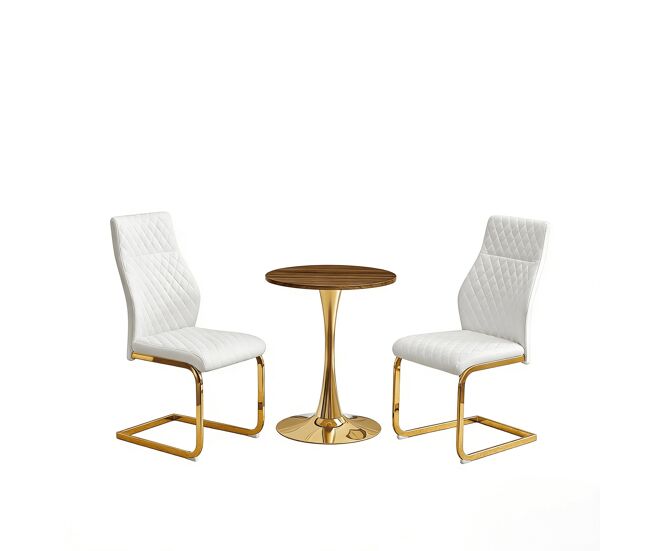 Conjunto de mesa e 2 cadeiras de jantar de 60 cm - mesa redonda em mdf com efeito de madeira, base dourada, cadeiras brancas com padrão em losangos e