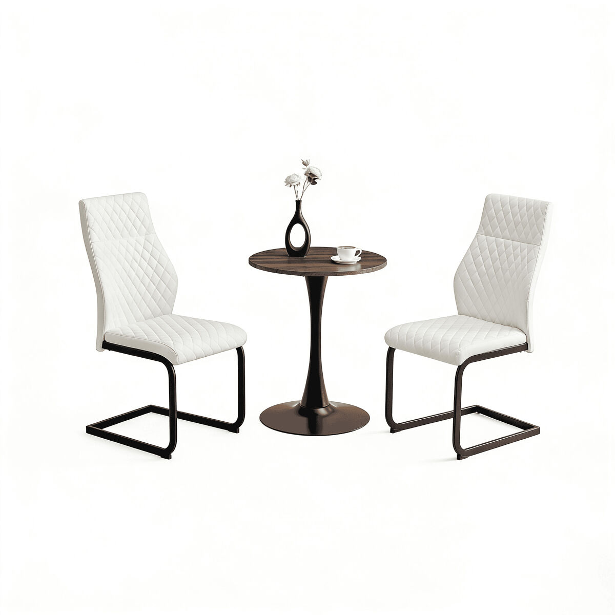 Conjunto de mesa e cadeiras de 60 cm - mesa redonda em mdf com 2 cadeiras brancas com encosto em forma de losango - nogueira/branco+preto