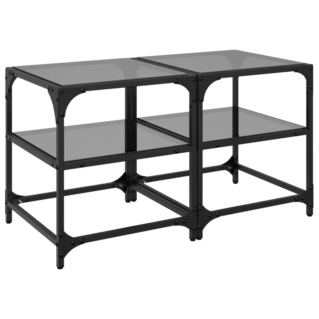 2pcs mesas de centro, mesas baixas c/ topo em vidro preto 40x40x45 cm aço