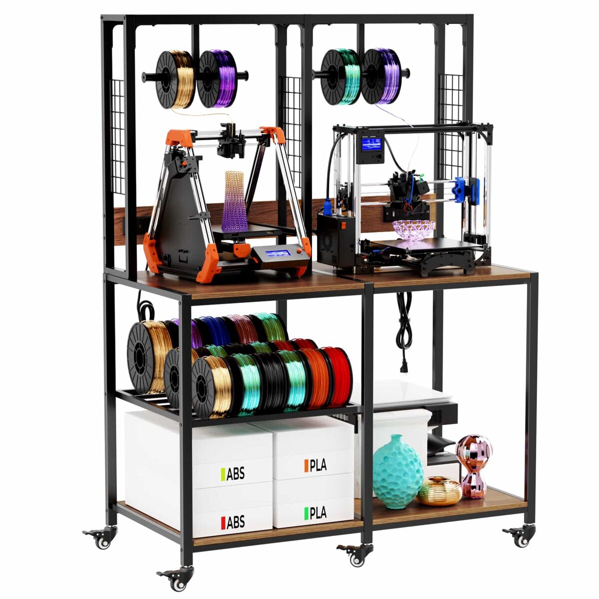 Suporte duplo para impressoras 3d, para 2 impressoras 3d – estrutura metálica com compartimento para filamentos, suporte em t, rodas com travão, mesa