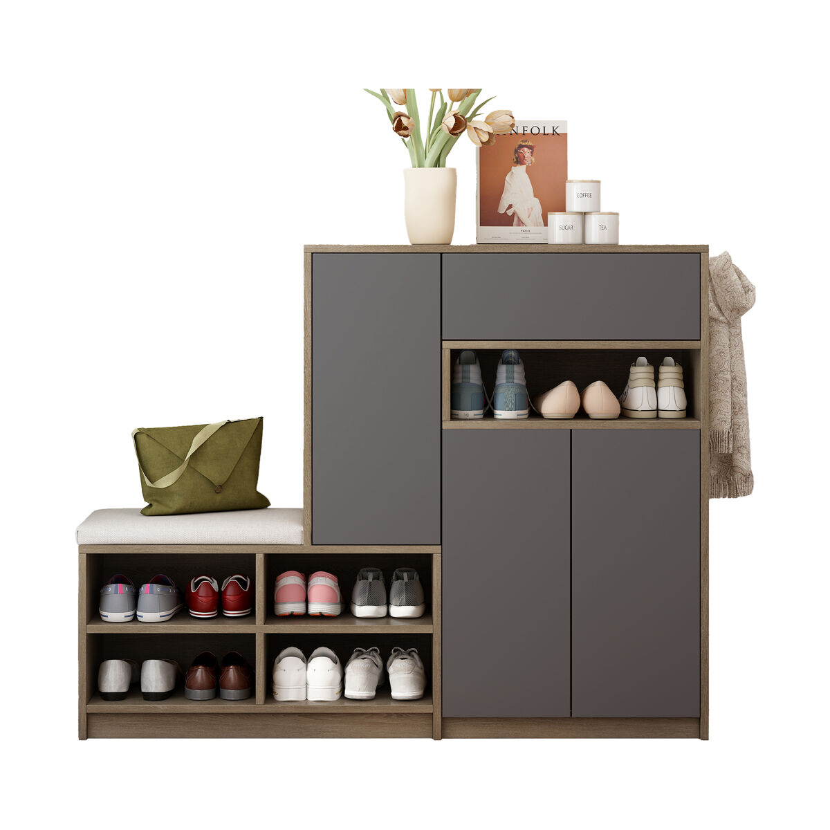 Sapateira de painel de partículas com 3 portas,natural+cinza
