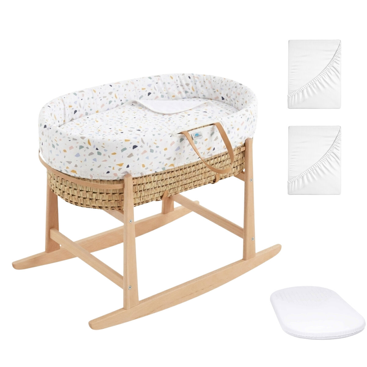 Moisés completo para bebê (roupa de algodão zenith granite + colchão perfurado + estrutura de balanço + brinde: 2 lençóis impermeáveis)
