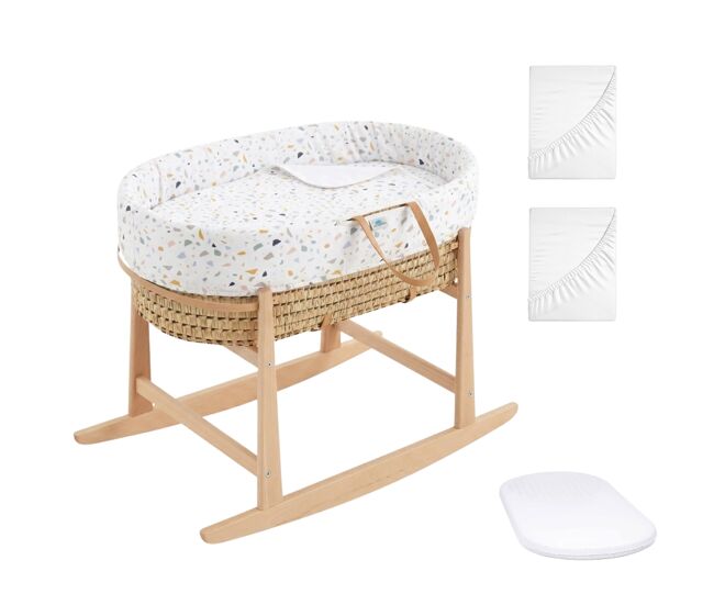 Moisés completo para bebê (roupa de algodão zenith granite + colchão perfurado + estrutura de balanço + brinde: 2 lençóis impermeáveis)