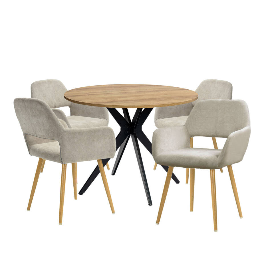Meubles cosy conjunto de mesa e 4 cadeiras de jantar jogo de mesa redonda de mdf de 80cm e 4 cadeiras estofadas de estilo nórdico, carvalho/vison