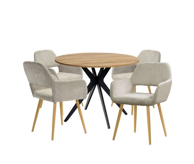 Meubles cosy conjunto de mesa e 4 cadeiras de jantar jogo de mesa redonda de mdf de 80cm e 4 cadeiras estofadas de estilo nórdico, carvalho/vison