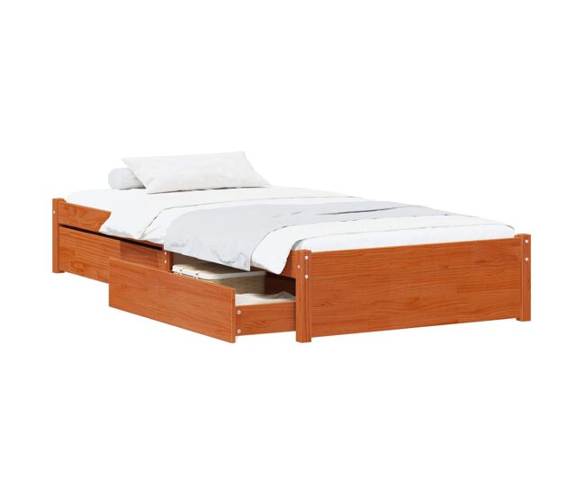 Estrutura de cama de solteiro para adultos com gaveta 3 pcs marrom cera madeira de pinho