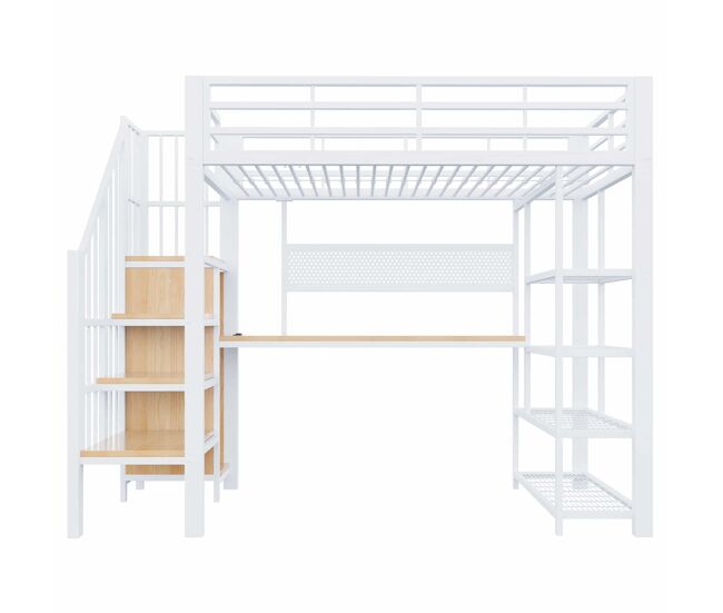 Cama alta 90x200 cm - secretária comprida, painel perfurado, tomadas europeias, luz led, várias prateleiras, grade alta - branco