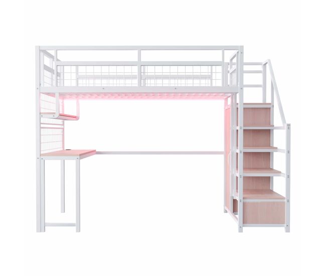 Cama alta metálica 140 x 200 cm - com escada com espaço de arrumação, roupeiro, prateleiras, mesa, estante em rede, faixa de luz e tomada - branca