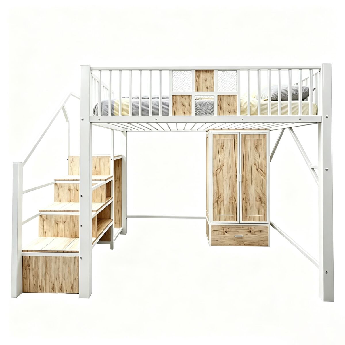 Cama alta metálica 140 x 200 cm - design distinto com grades em madeira e rede metálica, com roupeiro espaçoso, gavetas e escada com espaço de