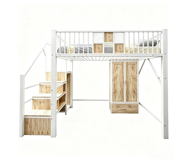 Cama alta metálica 140 x 200 cm - design distinto com grades em madeira e rede metálica, com roupeiro espaçoso, gavetas e escada com espaço de