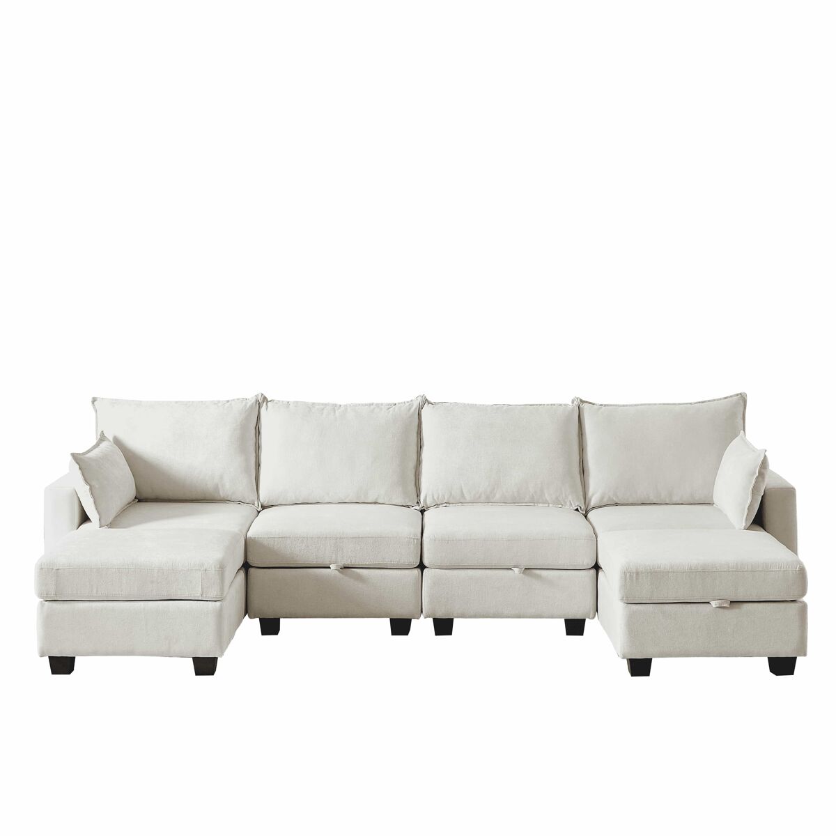 Sofá de canto modular em chenille com 4 lugares - em forma de u com chaise longue e otomana com arrumação - bege