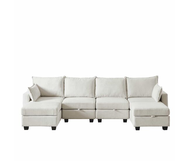 Sofá de canto modular em chenille com 4 lugares - em forma de u com chaise longue e otomana com arrumação - bege