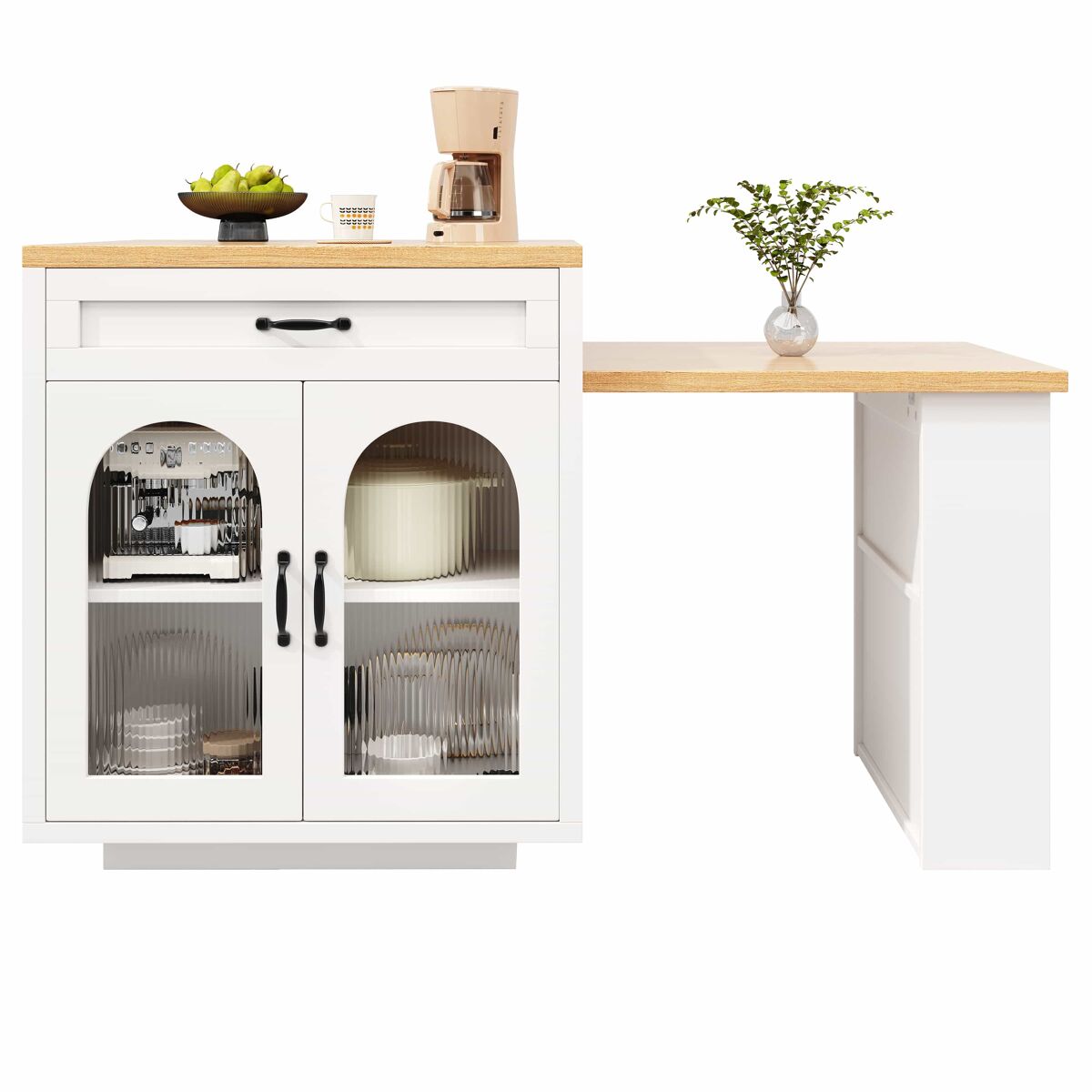 Ilha de cozinha extensível - sem dimensões especificadas - com iluminação led, 2 gavetas, prateleiras ajustáveis, portas de vidro estriado, bancada em mdf, design moderno - branco