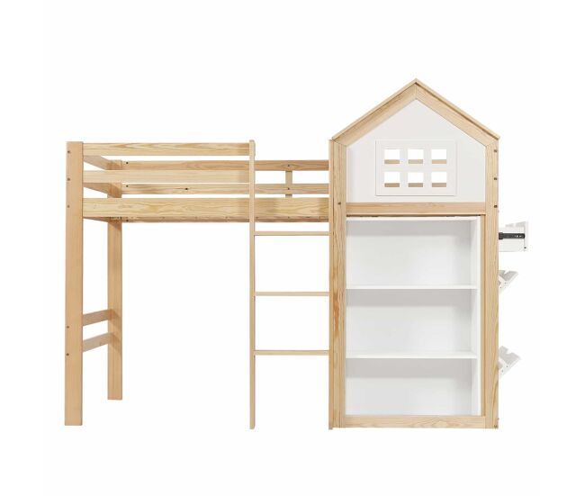 Cama alta infantil 90x200 - com compartimentos de arrumação e gavetas, degraus resistentes, grade de segurança - branco+natural