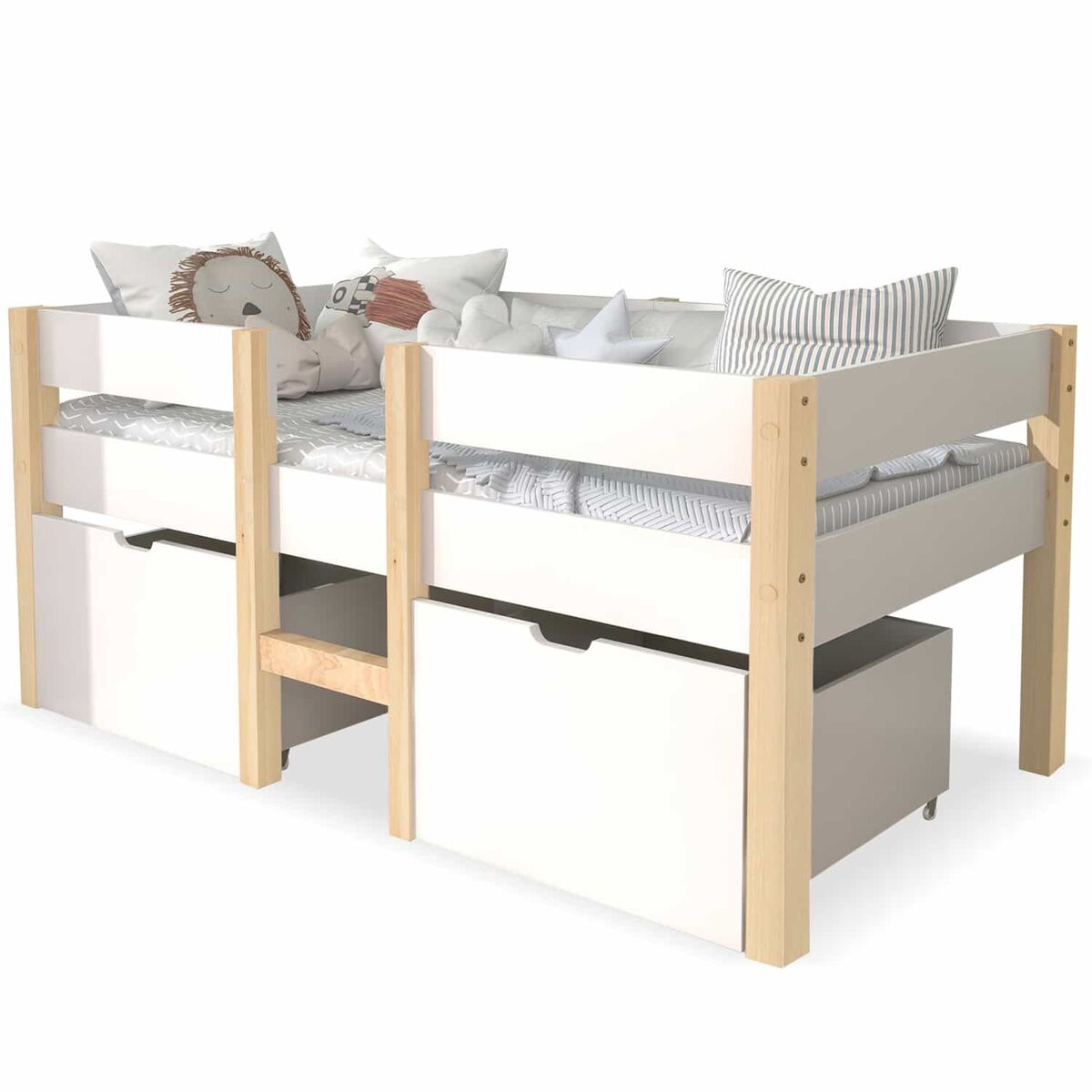Cama mezzanine em pinho maciço com gavetas - 90x190 cm - branco