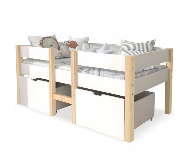 Cama mezzanine em pinho maciço com gavetas - 90x190 cm - branco