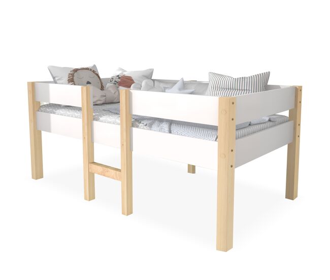 Cama alta com grades de proteção - madeira maciça de pinho - 90x200 cm - branco