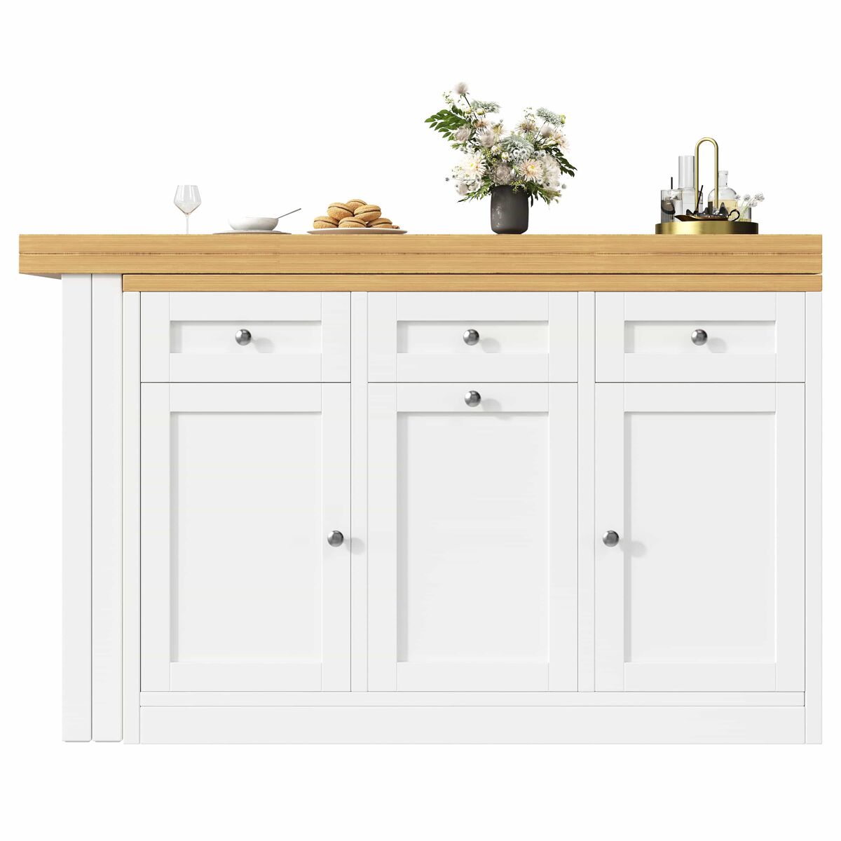Mesa de bar extensível com arrumação - mesa de jantar dobrável com gaveta e tabuleiro para petiscos, suporte removível para cesto do lixo, design que poupa espaço para apartamentos pequenos e cozinhas - blanc