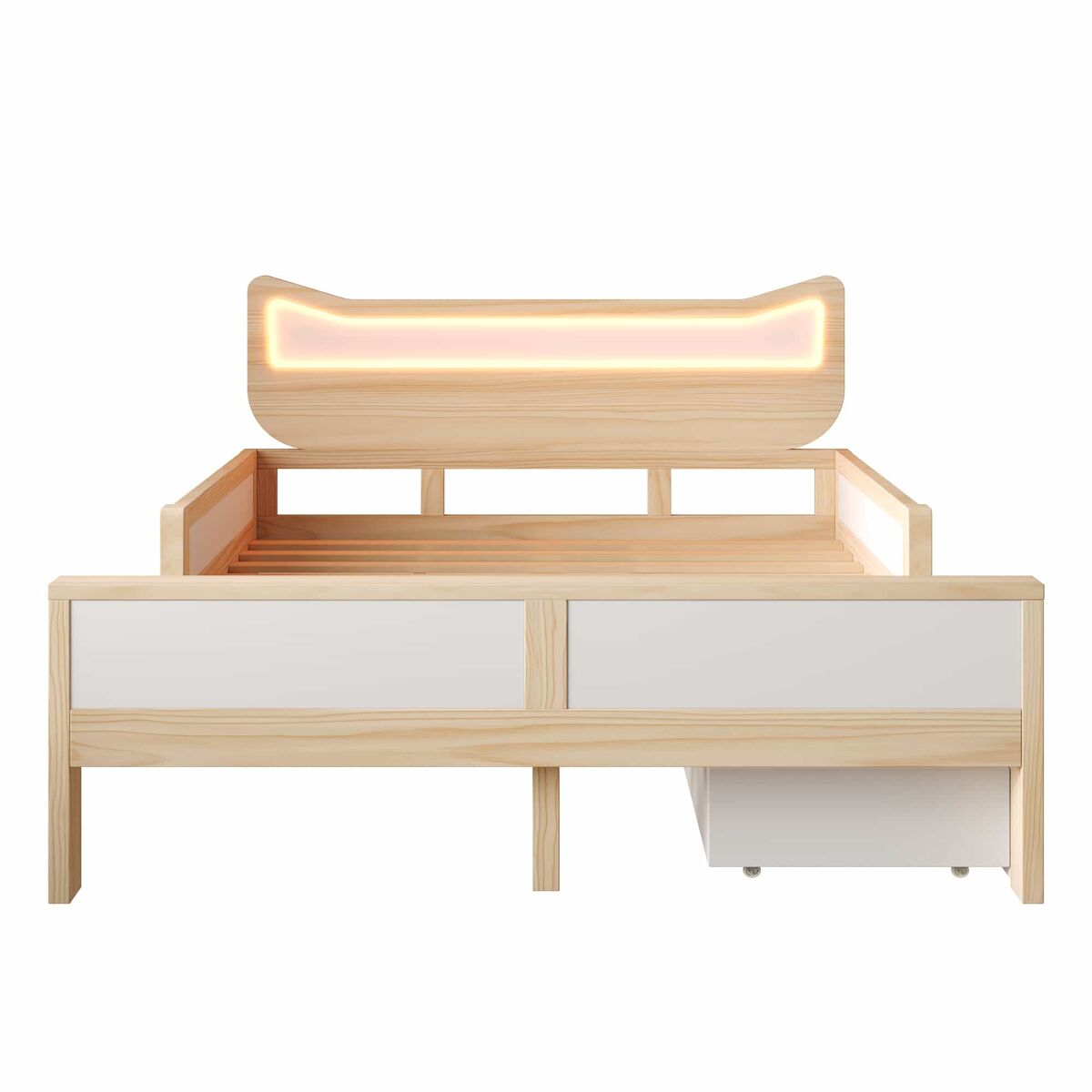 Cama infantil 140x200 cm - cabeceira com orelhas de gato, iluminação led rgb, base de colchão, gaveta e espaço de arrumação montáveis à esquerda/