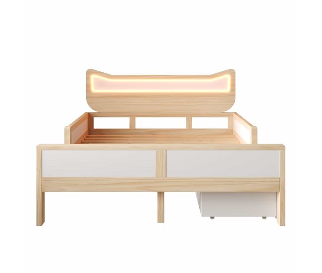Cama infantil 140x200 cm - cabeceira com orelhas de gato, iluminação led rgb, base de colchão, gaveta e espaço de arrumação montáveis à esquerda/