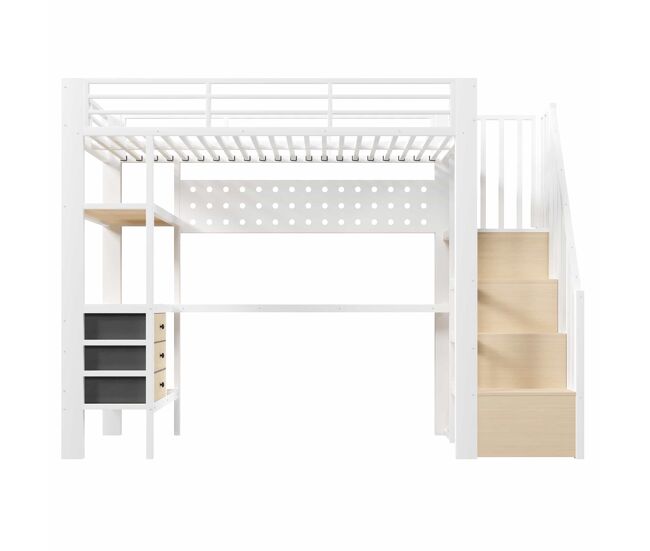 Cama alta 90x200 cm - cama metálica com prateleira, gaveta, painel perfurado, secretária, tomada e luz led, sem colchão - branco