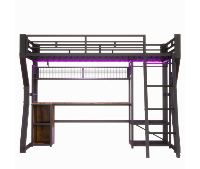 Cama alta 90x200 cm - estrutura em ferro, faixa de luz led, tomada integrada, zona para pendurar roupa, secretária, compartimentos de arrumação,