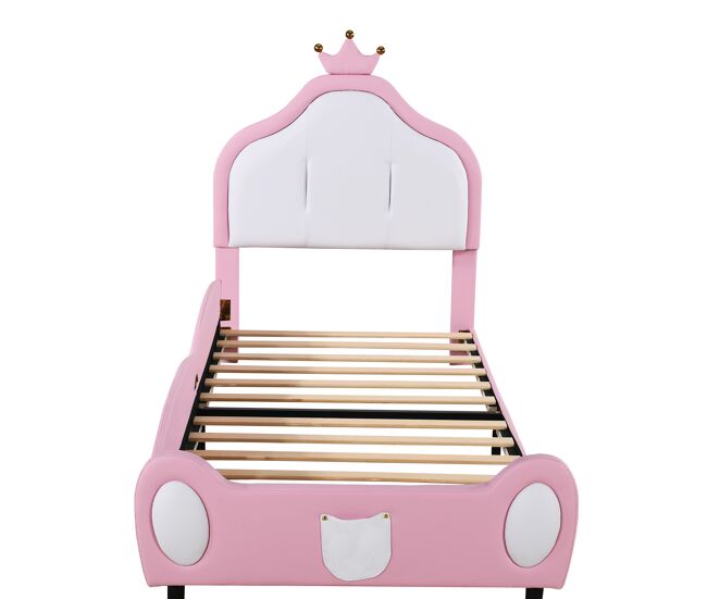 Cama de criança 90x200 cm em pele sintética - cabeceira com moldura no teto - rosa