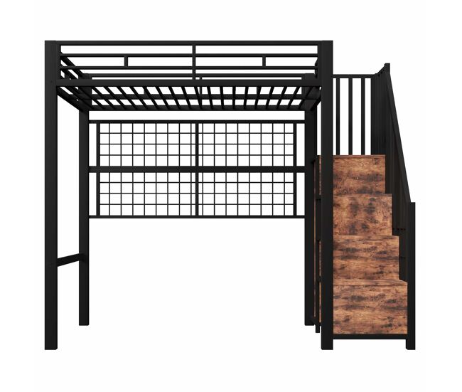 Cama alta 90 x 200 cm - estrutura em ferro, armário, escada com espaço de arrumação, grelha para pendurar objetos, espaço livre na parte inferior, luzes led de 7 cores, sem colchão - noir