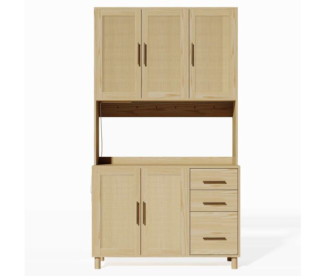 Buffet 183 cm - led decorativas, 2 x usb, 2 x tomadas, prateleiras ajustáveis, 3 gavetas, puxadores metálicos dourados - natural