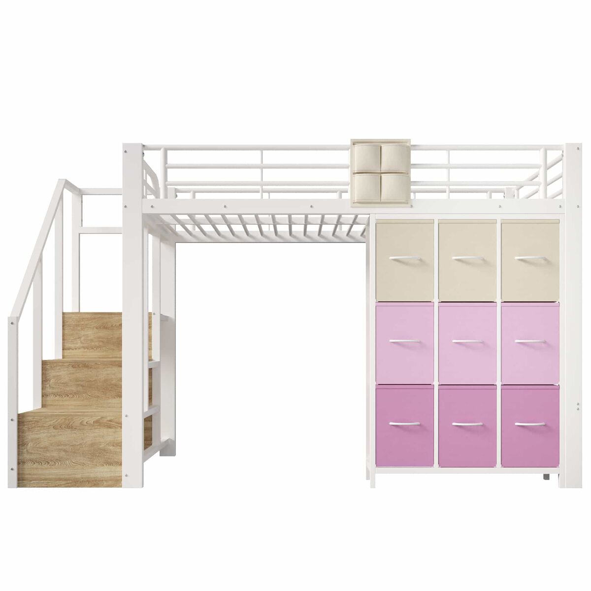 Beliche alto 140 x 200 cm - com gavetas, barra para roupa, corrimão, escada com espaço de arrumação - branco