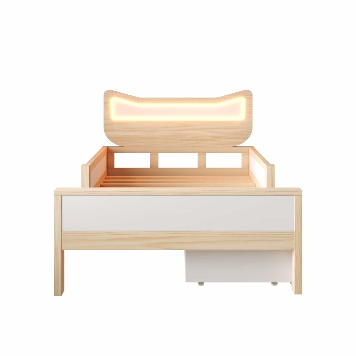 Cama infantil 90x200 cm - cabeceira com orelhas de gato, iluminação led rgb, base de colchão, gaveta e espaço de arrumação reversível, grades de