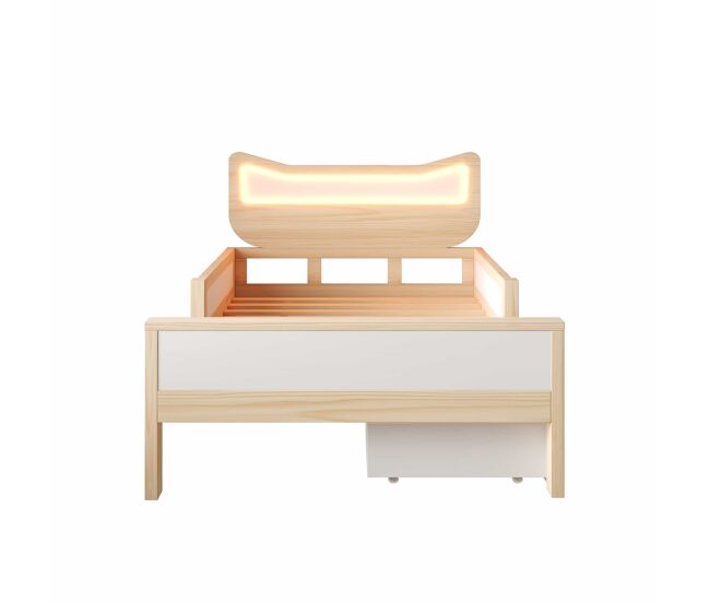 Cama infantil 90x200 cm - cabeceira com orelhas de gato, iluminação led rgb, base de colchão, gaveta e espaço de arrumação reversível, grades de