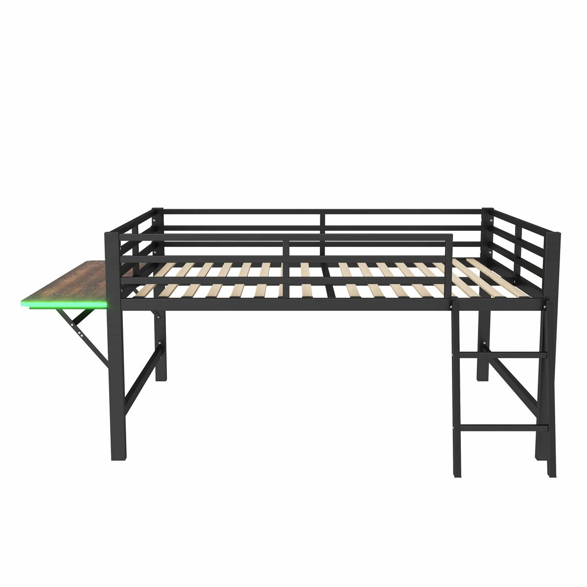 Cama baixa 140x200 cm - metal, sem colchão, grade de proteção, escada, secretária, faixa de led - preta