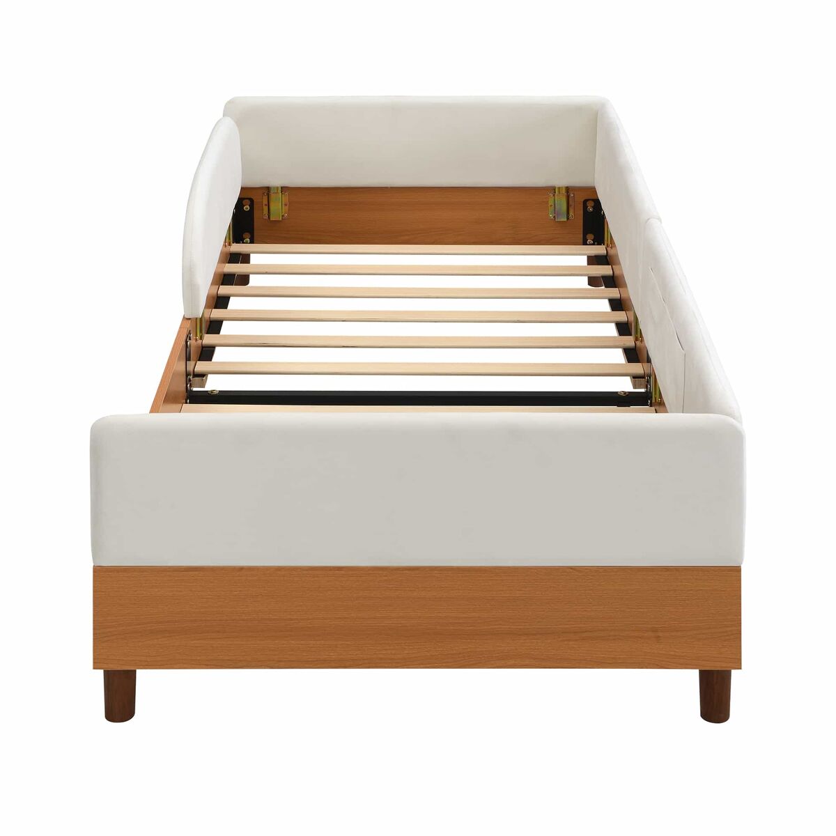 Cama individual estofada 90x200 cm - design em veludo e madeira com 2 bolsos de arrumação, rebordo de espuma macia anti-colisão, estrutura de cama