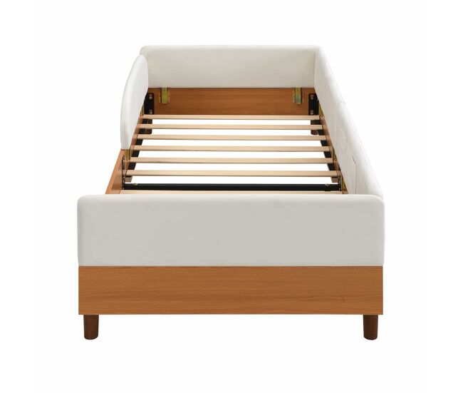 Cama individual estofada 90x200 cm - design em veludo e madeira com 2 bolsos de arrumação, rebordo de espuma macia anti-colisão, estrutura de cama