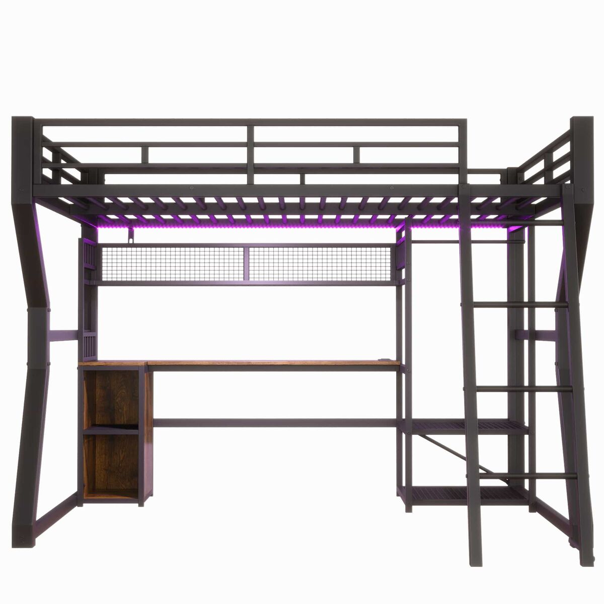 Cama alta com secretária 140x200 cm - estrutura em ferro com faixa de led, tomada integrada, zona para pendurar roupa, secretária, prateleiras e