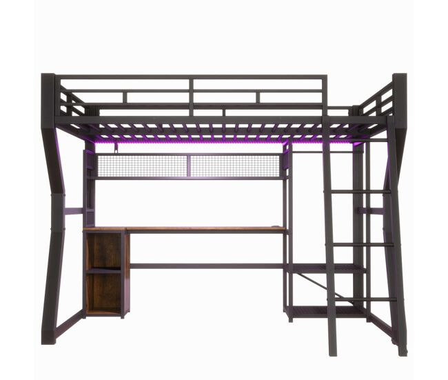 Cama alta com secretária 140x200 cm - estrutura em ferro com faixa de led, tomada integrada, zona para pendurar roupa, secretária, prateleiras e
