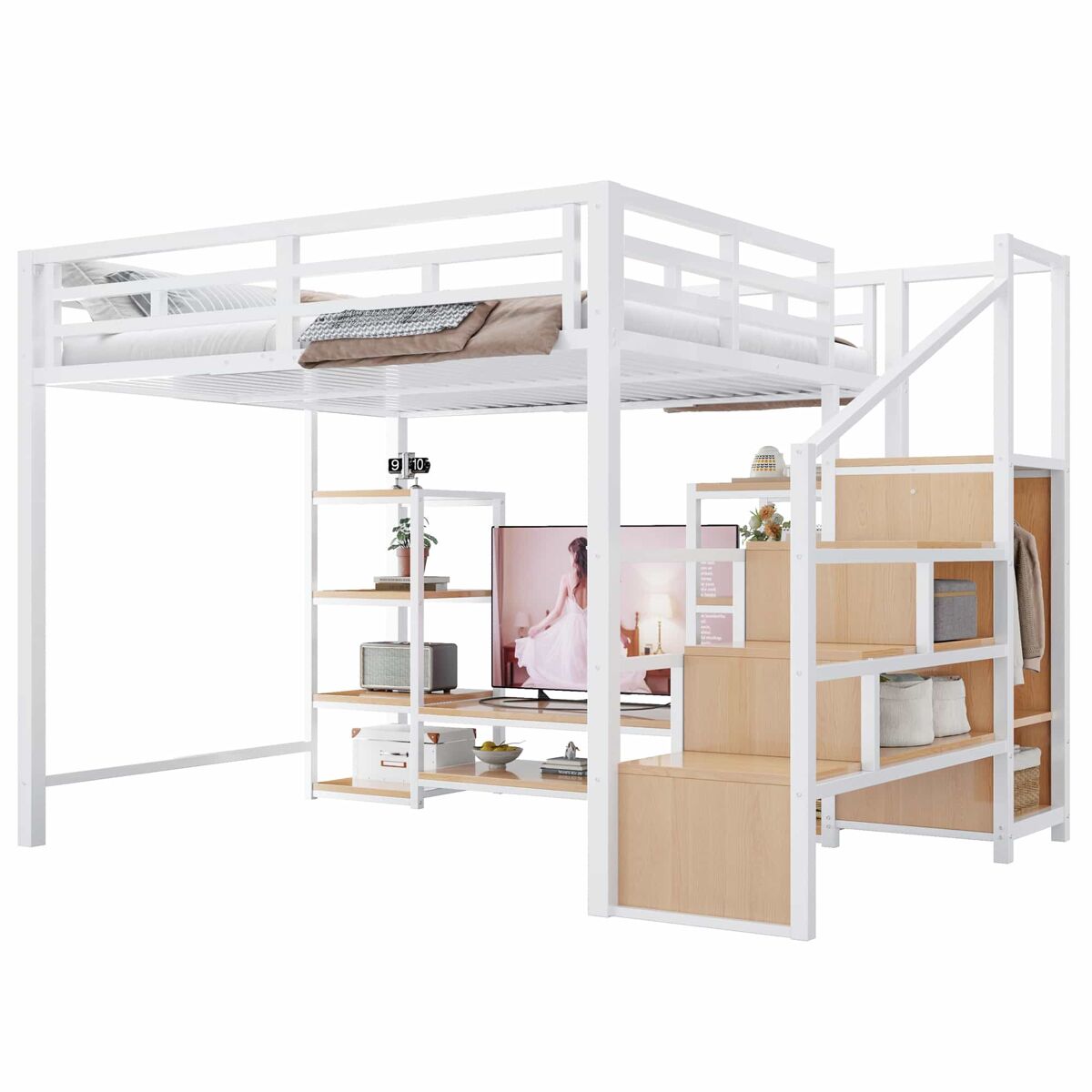 Cama alta 140x200 - com suporte para tv, tomada elétrica e escada de segurança, combinação de metal e madeira, moderna e economizadora de espaço, cama