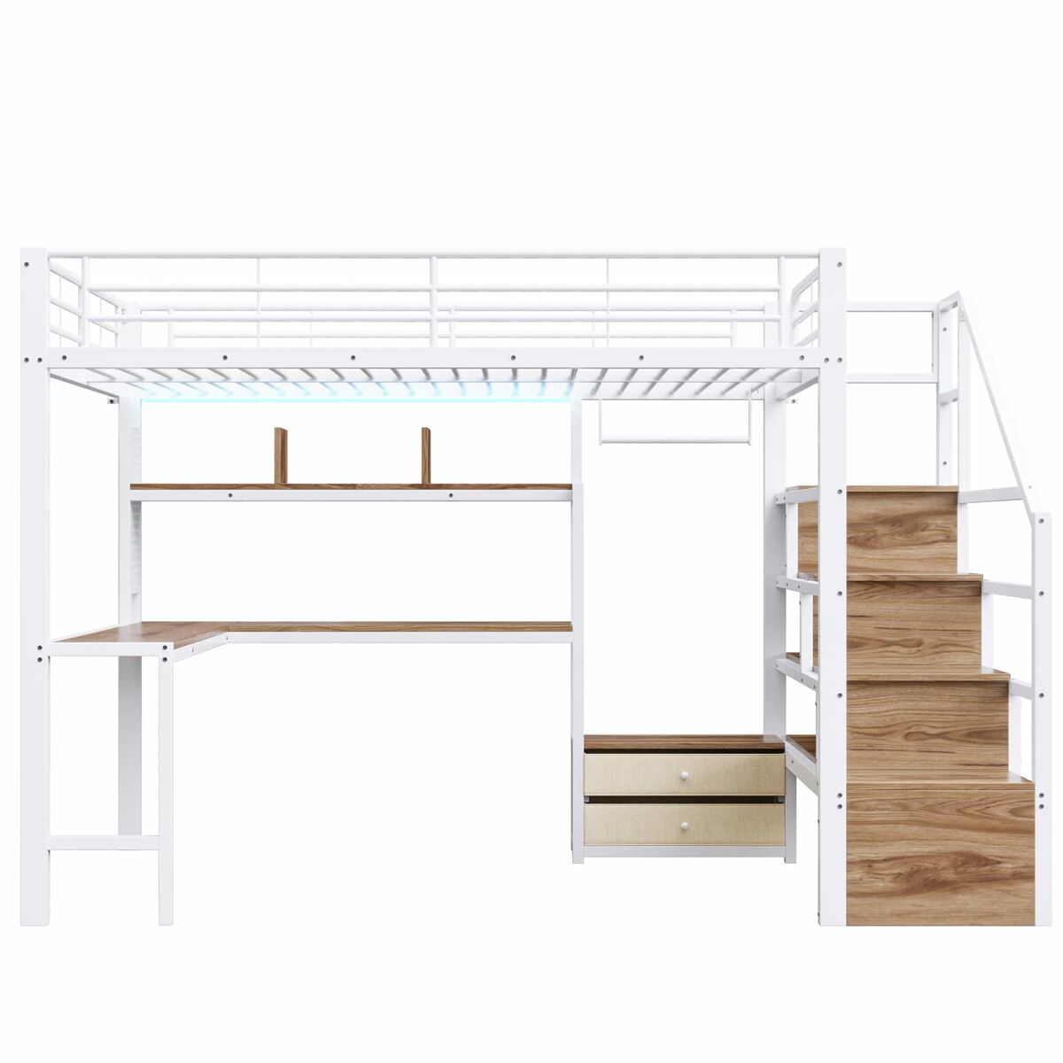 Cama alta 140x200 cm - estrutura em ferro, 2 gavetas, grelha para pendurar objetos, faixa de luz led, secretária, escada com arrumação, sem colchão -